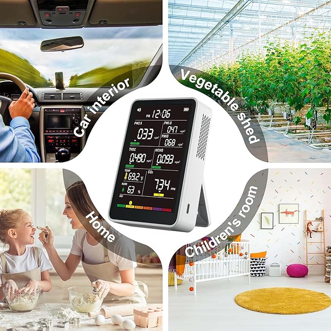 Professional Indoor Air Quality Monitor with AQI, Portable Real-Time Detector for Home Cars Plants and Pets (White)