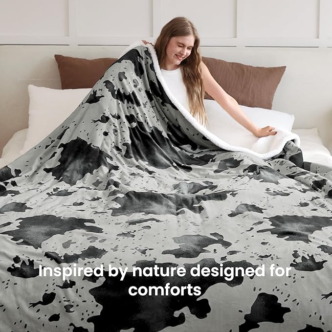 Cow Print Heated Electric Blanket King Size-Dual Control Heating Blanket King Size with 10 Heat Levels & 10 Hours Auto-Off, Cozy Soft Fleece Sherpa, Washable, 90x100 Inche Cow Print Grey