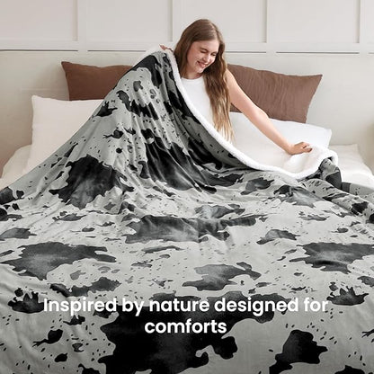 Cow Print Heated Electric Blanket King Size-Dual Control Heating Blanket King Size with 10 Heat Levels & 10 Hours Auto-Off, Cozy Soft Fleece Sherpa, Washable, 90x100 Inche Cow Print Grey