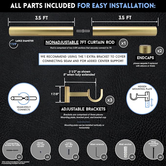 BlastHome® Non-Adjustable Luxury Curtain Rods for Windows, 1 ¼” Rod Set, 7 foot Fixed Length (Two Rods Connect for a Seamless Look), Brushed Gold