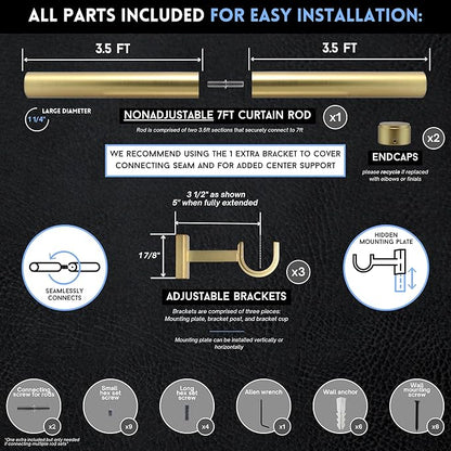 BlastHome® Non-Adjustable Luxury Curtain Rods for Windows, 1 ¼” Rod Set, 7 foot Fixed Length (Two Rods Connect for a Seamless Look), Brushed Gold