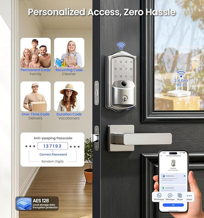 Veise VE027-L Built-in WiFi Smart Door Lock with Lever Handle Set, Fingerprint keyless Entry Door Lock, App Remote Control, Electronic Digital Keypad Deadbolt for Front Door, Auto Lock, Satin Nickel