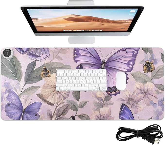 Heated Desk Pad Mouse Pad 31.5x13 Inch PU Leather Desk Mat with 3 Heat Levels Large Mouse Gaming Computer Laptop Mat Floral Purple Butterflies Bees