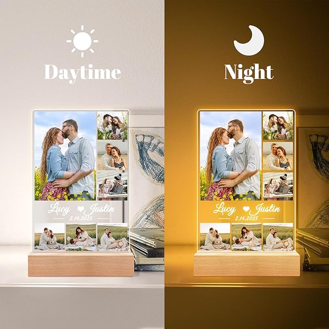 Custom Picture Frames, Personalized Picture Frame with Night Light, Customized Photo Frame, Personalized Anniversary Valentines Day Gifts for Women Men Her Him Girlfriend Boyfriend Couple Wife