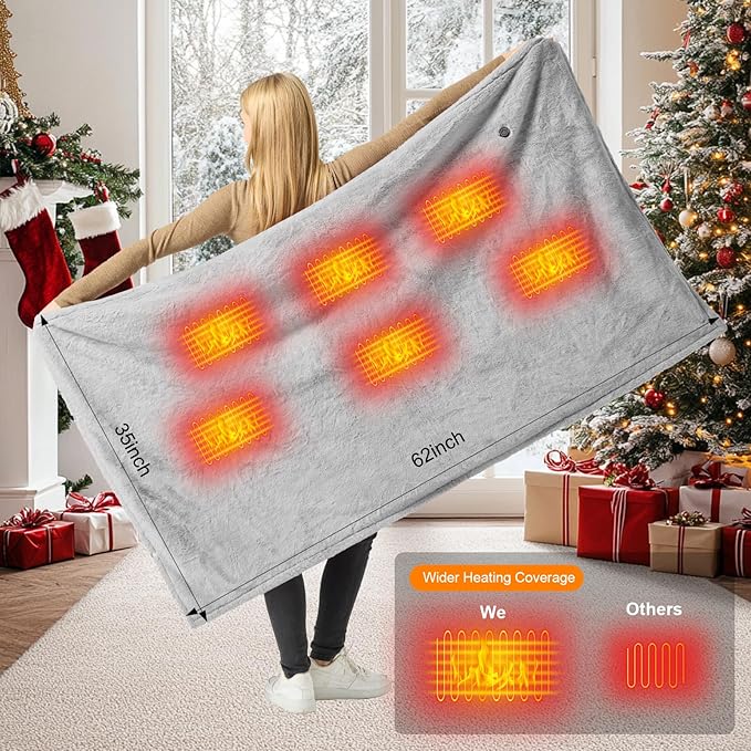 Cordless Heated Blanket Battery Operated with Fleece Lining 7.4V 16000mAh Battery Portable Wearable Heated Shawl for Women Men 6 Heating Zones 3 Fast-Heating Levels (Battery Included)