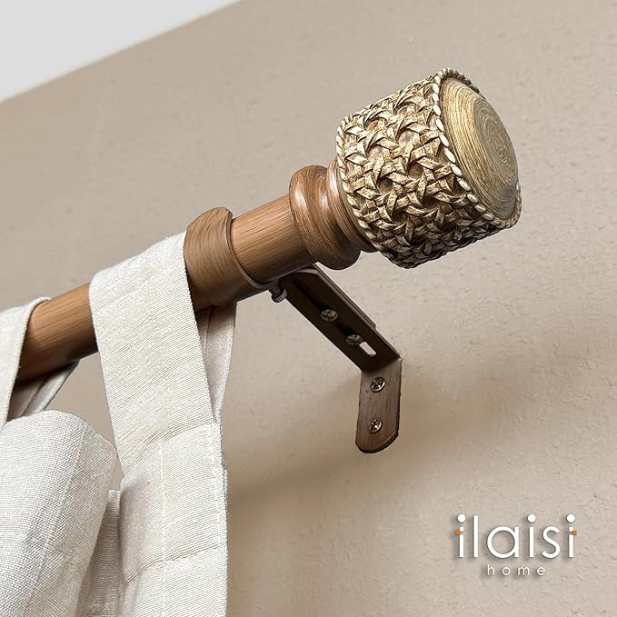 1-1/8 Inch Diameter Faux Wood Curtain Rods with Faux Rattan Cane Woven Finials, 36-72'' Telescoping Single Curtain Rods for window width 24-68 inch, 1 pack