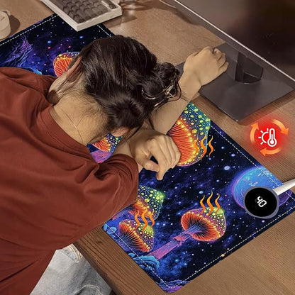 Heated Mouse Pad 31.5x13 in 3-Temp Fast Heating Desk Mat with Auto Timer Warmer for Hands Wrist Pain Relief Waterproof Keyboard Mat for Office, Gaming, Home, Mushroom Galaxy Art