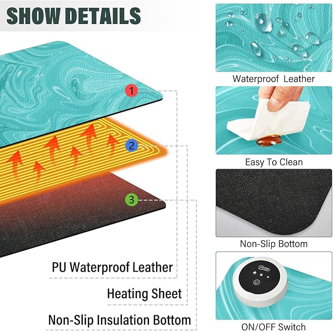 Heated Desk Pad Mouse Pad 31.5x13 Inch PU Leather Desk Mat with 3 Heat Levels Large Mouse Gaming Computer Laptop Mat Teal Fluid