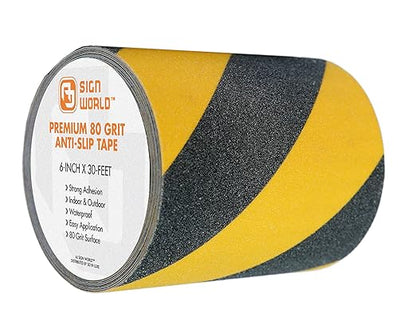 Best Anti-Slip Grip Tape, 6" x 30 FT, Black & Yellow Striped, 80 Grit, Industrial Grade, Indoor, Outdoor, Weatherproof (6-Inch x 30 Feet Roll)