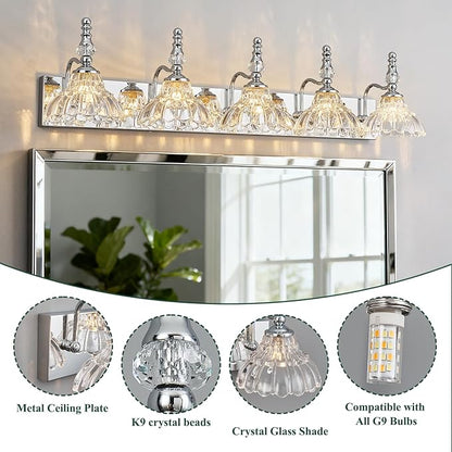 Vintage Bathroom Vanity Light, 5-Light Chrome Vanity Lighting Fixture with Flower Glass Shade, Bathroom Lighting Fixtures Over Mirror