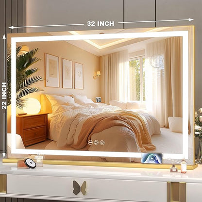 Hasipu Vanity Mirror with Lights, 32" x 22" LED Makeup Mirror, Lighted Makeup Mirror with Dimmable 3 Modes, Touch Screen Control Vanity Mirror Square Gold