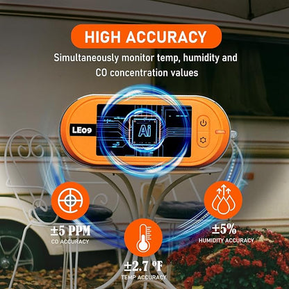 Portable Carbon Monoxide Detectors Support 500-hour Standby Time, 3-in-1 CO Detector (Temp, Humidity, and CO), Alarm Function, Lanyard Design for Camping Travel Car RV