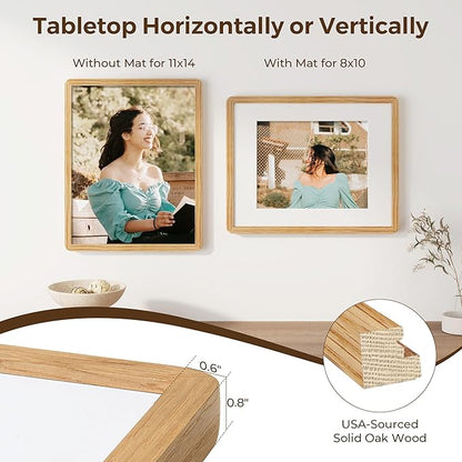 11x14 Picture Frame, Solid Oak Wood Frame 11 x 14 for Wall, Rustic Wooden Frames 11 by 14 with Tempered Glass, 11x14 Frame with Mat for 8x10, Home Decor Photo Frames 11"x14", Natural Oak Color, 1 Pack