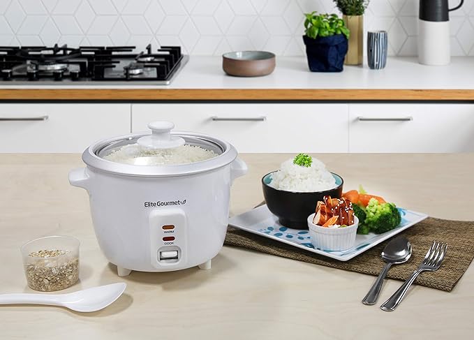 Elite Gourmet ERC-003X Electric Rice Cooker with Automatic Keep Warm Makes Soups, Stews, Grains, Hot Cereals, 6 Cups Cooked (3 Cups Uncooked), White
