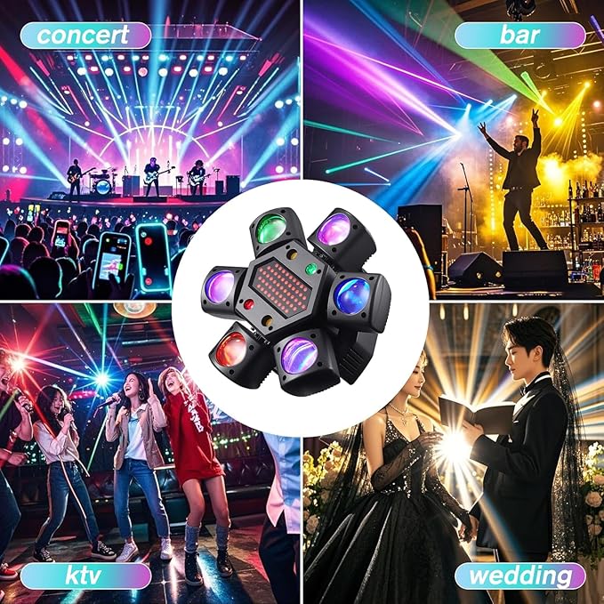 Mini Moving Head DJ Lights, 6-Arm Disco Lights with Remote Control 80w RGBW 4in1 LED DJ Stage Lighting Sound Activated DMX 512 Control for Disco Club Wedding Party Christmas