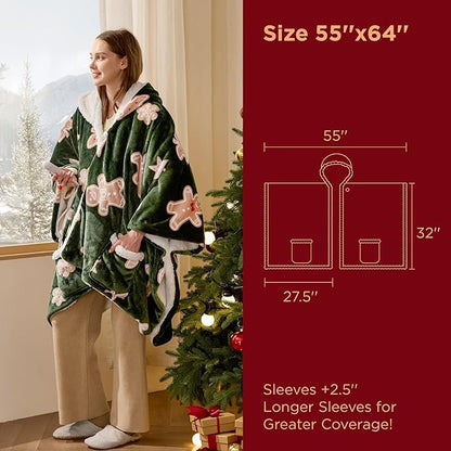 Bedsure Heated Blanket Wearable Shawl - Electric Wrap Poncho Blanket Hoodie Adult as Christmas Winter Gifts for Women, Warm Sherpa Heating Throw,Auto Shut Off, 55x64 in, Green Gingerbread Man Pattern