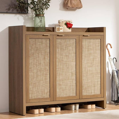 SICOTAS Shoe Storage Cabinet Set of 2, Large Tall Shoe Cabinet, Rattan Shoe Cabinet Storage for Entryway, Farmhouse Cabinet with Doors and Adjustable Shelves for Entryway Hallway Living Room