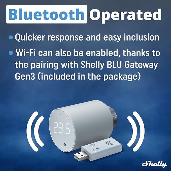 Shelly Blu TRV & Blu Gateway Gen3, Bluetooth-Operated Smart Thermostatic Valve, Smart Thermostatic Radiator Valve, Temperature Control, Home Automation, Compatible with Alexa, Google, Home Assistant
