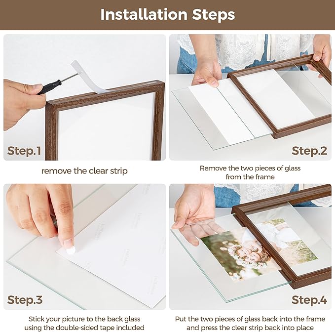 Axeman 4x6 Floating Picture Frame - Solid Oak Wood Picture Frame, Double Tempered Glass Photo Frame 2x3 3.5x5 4''x6'' Wood Frame, Wall Mount Or Tabletop Standing, Walnut