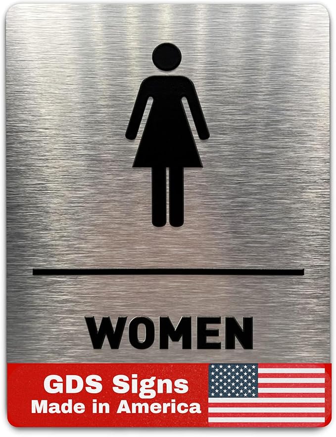 Women Bathroom Sign by GDS - ADA Compliant, Wheelchair Accessible, Raised Icons, & Grade 2 Braille - Includes Adhesive Strips for Easy Installation - Bathroom Signs for Business, Restroom Sign, Restroom Signs for Business - 6" W x 8" H (Brushed Aluminu...