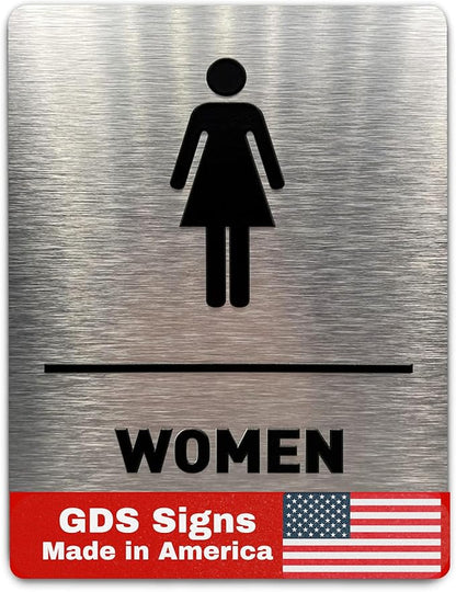 Women Bathroom Sign by GDS - ADA Compliant, Wheelchair Accessible, Raised Icons, & Grade 2 Braille - Includes Adhesive Strips for Easy Installation - Bathroom Signs for Business, Restroom Sign, Restroom Signs for Business - 6" W x 8" H (Brushed Aluminu...