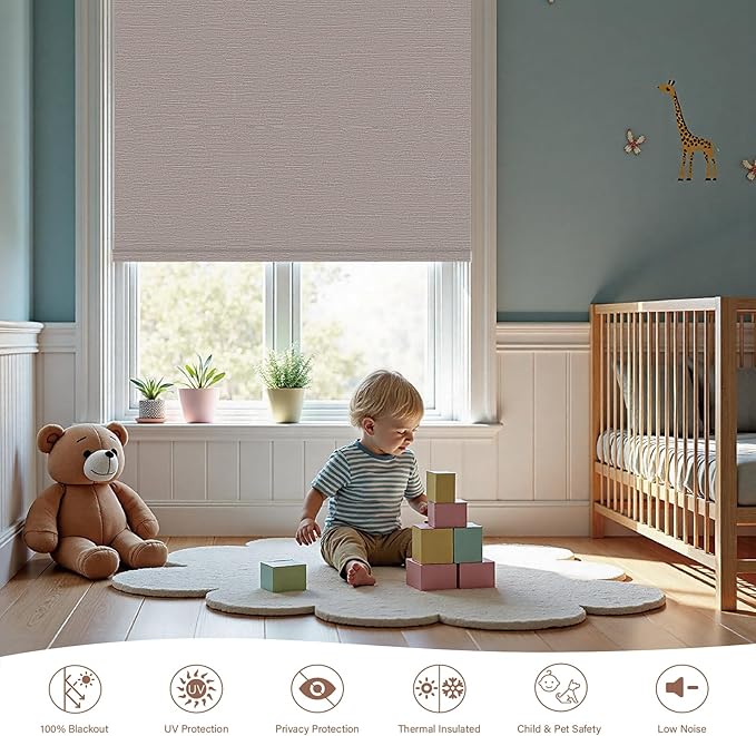 Motorized Roller Blinds with Remote, 100% Blackout Automatic Roller Shades for Bedroom, Bathroom, and Living Room, Customized Size, Woven Tapestry Brown