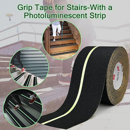 S&X Anti Slip Tape 4 Inch x 60 Ft, 2X Longer Heavy Duty Grip Tape with Glow-in-Dark Strip, Outdoor Stair Treads Non-Slip for Steps Ramps Decks, Non Skid for Enhanced Safety
