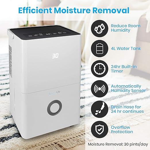 SereneLife 30-Pint Electric Home Compact Dehumidifier - 1500 Square Feet Quiet Electric Dehumidifiers For Home Closet Basement w/ 4L Water Tank Capacity, Removes - SLDEHU30