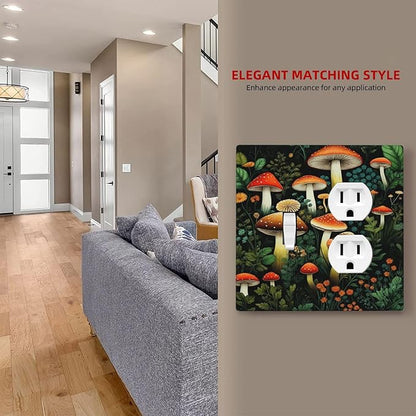 Decorative Outlet Covers Red Mushroom Flowers Green Leaf Plants 2 Gang Wall Plate Single Toggle Duplex Light Switch Cover Switch Plate Covers Faceplate for Bedroom Home Decor