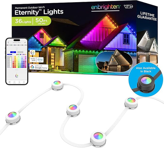 Enbrighten VIBE Eternity Permanent Outdoor Lights, 50ft, 36 RGBWIC LEDs, Smart Everyday Accent Lights, IP67 Waterproof, Compatible with Alexa, Google Home, White, 81102