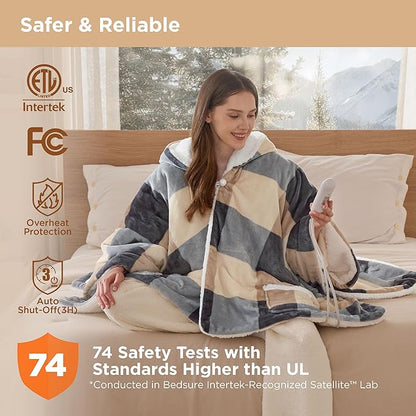 Bedsure Heated Blanket Wearable Shawl - Electric Wrap Poncho Blanket Hoodie Adult as Winter Gifts for Mom Women Girlfriend, Warm Sherpa Heating Throw, Auto Shut Off, 55x64 inches, Beige Plaid Pattern