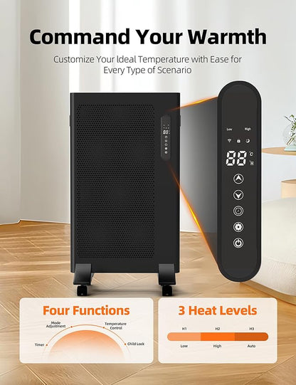 Mica Infrared Space Heater, 1500W Portable Panel Heater for Indoor Use, Large Room, WiFi Smart App & Alexa Control, Fast Heating, Energy Efficient, Quiet, Black