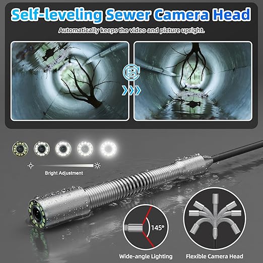 Sanyipace Sewer Camera Self Leveling, Drain Camera 100FT/30M with Meter Counter, 10" HD 1080p Plumbing Cameras with 12 LEDs, IP68 & 32GB DVR, Industrial Endoscope for Duct Sewer Line Pipe Inspection