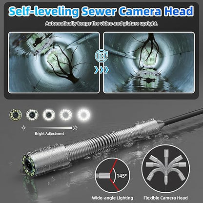 Sanyipace Sewer Camera Self Leveling, Drain Camera 100FT/30M with Meter Counter, 10" HD 1080p Plumbing Cameras with 12 LEDs, IP68 & 32GB DVR, Industrial Endoscope for Duct Sewer Line Pipe Inspection