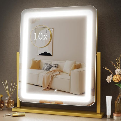 Lighted Makeup Mirror, Hollywood Vanity Mirror with Lights, Three Color Lighting Modes, and Detachable 10X Magnification Mirror, Smart Touch Control, 360°Rotation (15.2in. Gold)