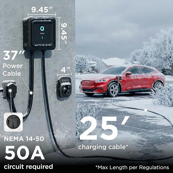 EVIQO Level 2 EV Charger 40 Amp - 9.6 kW 240V Wall Home EV Charger Level 2, NEMA 14-50 Plug, J1772 25' Cable - Enhanced Wi-Fi – UL, ETL Certified EVSE, Smart Electric Vehicle Charging Stations – GEN 2