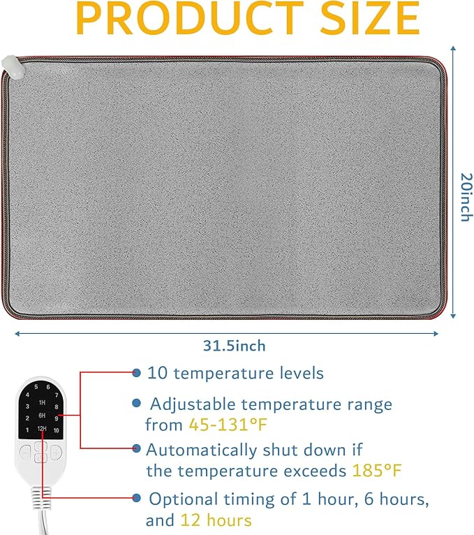 PVC 110V Heated Floor Mat Heater for Foot Warmer Under Desk 31.5 x 20 Inch Electric Heating Pad Energy Saving Carpet Pad Indoor Floor Heated Rug for Home Office Bathroom House Gray