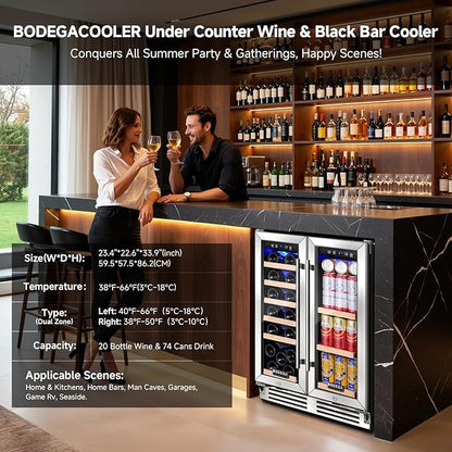 BODEGA 24 Inch Beverage and Wine Refrigerator, Dual Zone Wine Cooler Under Counter, with Independent Temperature Control and Upgraded Compressor, Holds 57 Cans and 19 Bottles