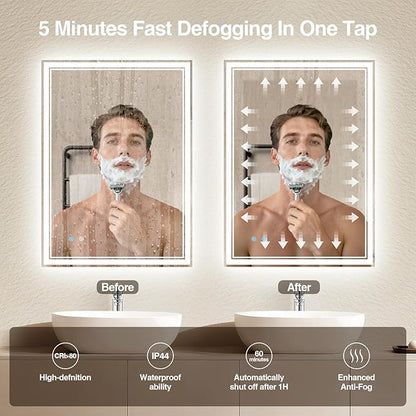20"x28" LED Bathroom Mirror with Anti-Fog, Dimmable Backlit + Front Lit, 3 Colors LED Bathroom Vanity Mirror for Wall, Memory Function, Shatter-Proof Glass, ETL Listed(NHYJ5722D-NA)