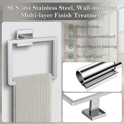 Polished Chrome Towel Ring Square Hand Towel Holder Towel Hanger Bathroom Hardware Accessories Stainless Steel Wall-Mounted Towel Rack