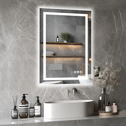LED Bathroom Mirror, 24"x36" with Frontlit and Backlit Anti-Fog Mirror with Lights LED Vanity Mirror for Bathroom 3 Colors Temperature & Dimmable Bathroom Mirror with HD Tempered Glass