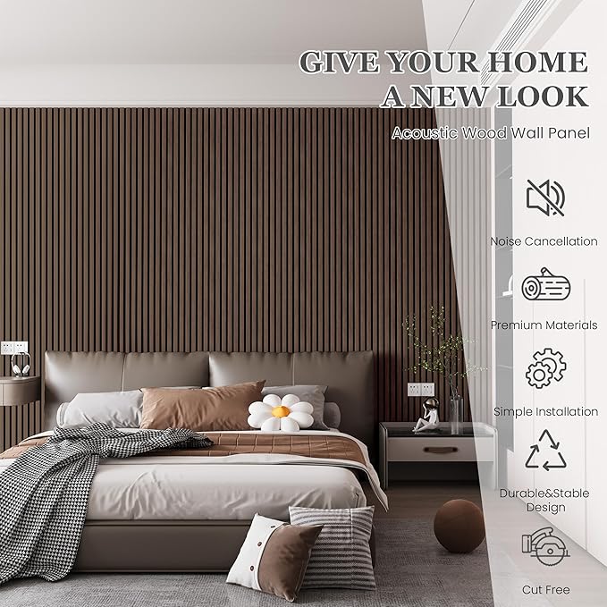 Wood Salt Acoustic Wall Panels, 6 Piece 94" x 7.9" x 0.8" Soundproof Wooden Wall Panels, 3D Fluted Sound Absorbing Panel, Natural Walnut