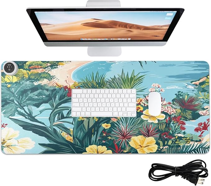 Heated Desk Pad Mouse Pad 31.5x13 Inch PU Leather Desk Mat with 3 Heat Levels Large Mouse Gaming Computer Laptop Mat Coastline Hibiscus