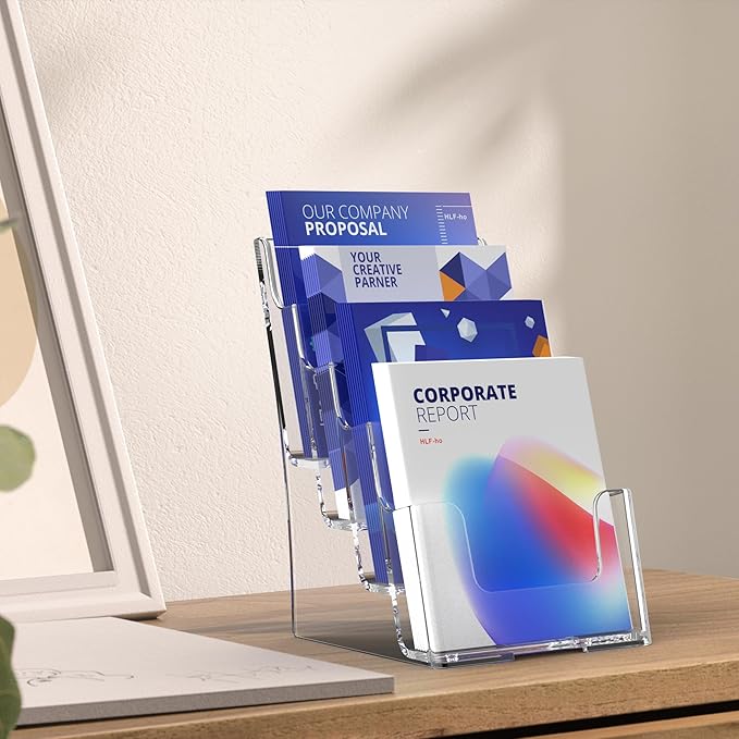 Brochure Holder 6x9 Inch 4 Tier Acrylic Literature Holders Clear Plastic Flyer Display Stand Countertop Use or Wall Mount Pamphlet Holder Organizer for Office, Lobby, Hotel, Trade Show, 1 Pack