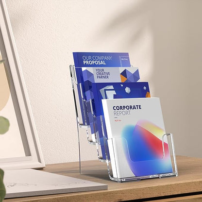 Brochure Holder 6x9 Inch 4 Tier Acrylic Literature Holders Clear Plastic Flyer Display Stand Countertop Use or Wall Mount Pamphlet Holder Organizer for Office, Lobby, Hotel, Trade Show, 1 Pack