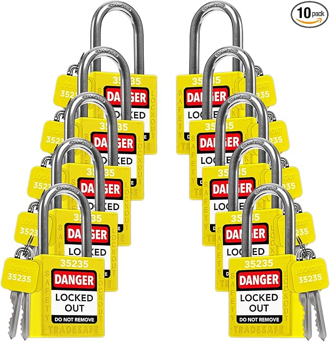 TRADESAFE Lockout Tagout Locks Set - 10 Yellow Keyed Alike Padlocks, 2 Keys Per Lock, OSHA Compliant Loto Locks