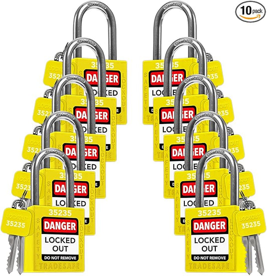 TRADESAFE Lockout Tagout Locks Set - 10 Yellow Keyed Alike Padlocks, 2 Keys Per Lock, OSHA Compliant Loto Locks