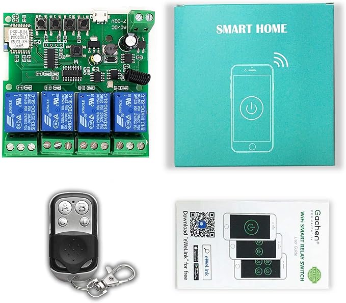 4 Channels WiFi Wireless Smart Switch Inching Self-Locking Relay Module,for DIY Access Control, Garage Door Opener with 433RF Remote Control （Ewelink App）