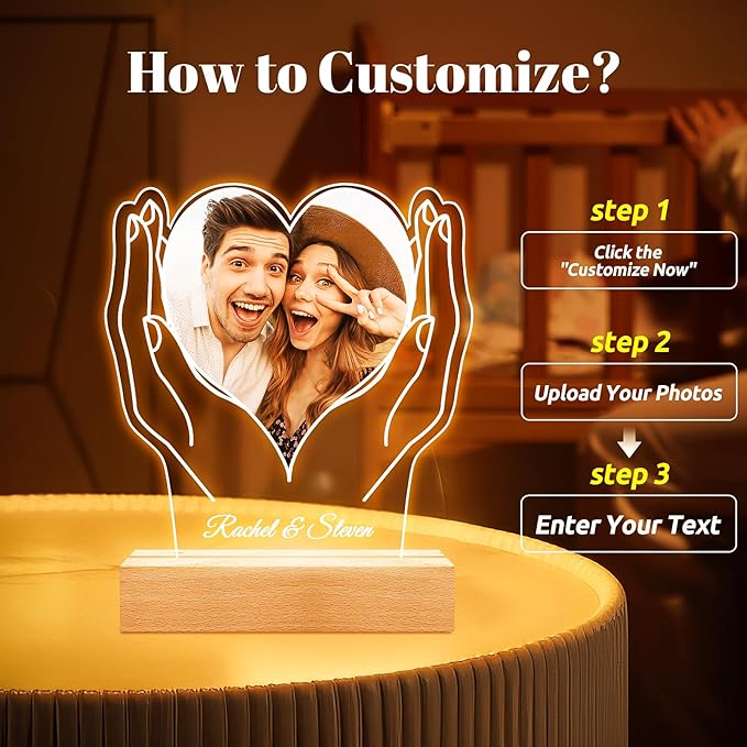 Custom Picture Frames, Customized Picture Frame, Personalized Photo Frame with Night Light, Personalized Anniversary Valentines Day Gifts for Women Men Her Him Girlfriend Boyfriend Couples