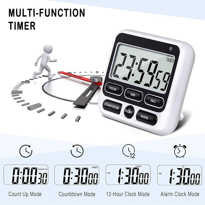 KTKUDY Digital Kitchen Timer with Mute/Loud Alarm Switch ON/Off Switch, 12-Hour Clock & Alarm, Memory Function Count Up & Count Down for Kids Teachers Cooking, Large LCD Display, Strong Magnet (Black)